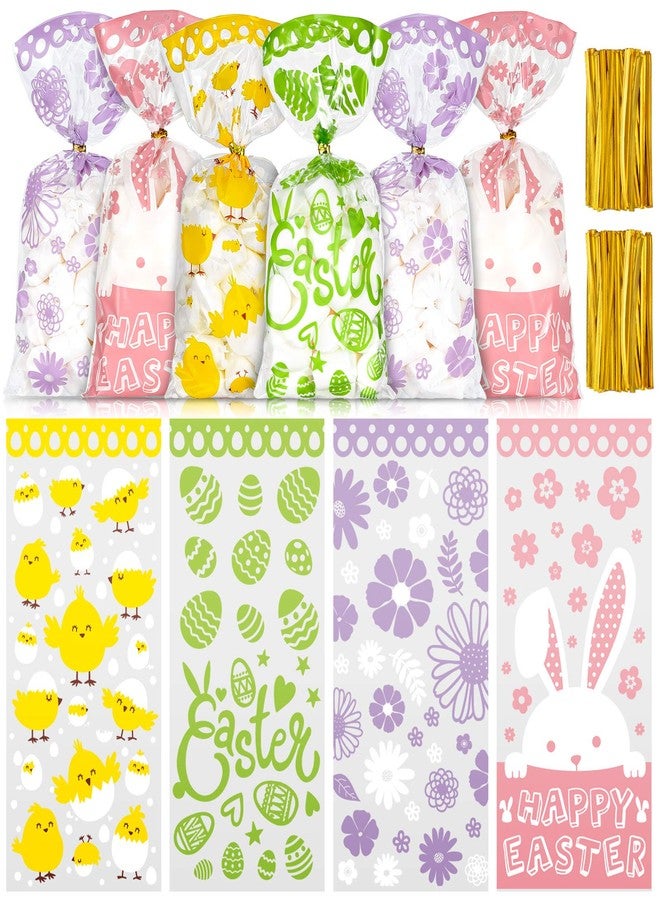 Whaline 160pcs Easter Cellophane Treat Bags with 200pcs Gold Twist Ties, Easter Egg Bunny Colorful Plastic Cello Candy Sweet Gift Chick Flower Bags for Party Table Decor, 4 Designs - Image 1